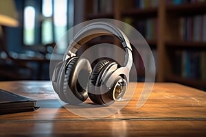 Aural exploration of literature, Books and headphones on wooden table photo
