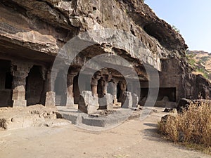 Verandah & restored pillars, Aurangabad Cave 1, a 7th century monastery from the late Mahayana Buddhist period, India