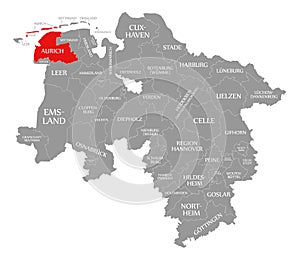 Aurich county red highlighted in map of Lower Saxony Germany photo