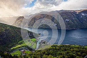 Aurland and Aurlandsfjord in the mist, Sogn og Fjordane, Norway