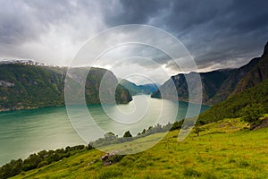 Aurland fjord from Stegastein view point, Norway photo