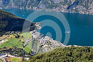 The Aurland town. Bird`s eye view of Aurland from the Stegastein viewpoint in Norway, Scandinavia