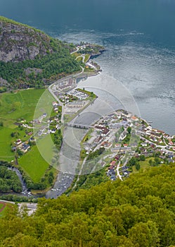 Aurland Village and Aurlandsfjord seen from Stegastein Overlook