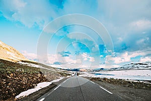 Aurlandsfjellet, Norway. Open Road Aurlandsfjellet. Scenic Route Road In Summer Norwegian Landscape. Natural Norwegian