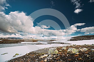 Aurlandsfjellet, Norway. Summer Norwegian Landscape Near Aurlandsfjellet Road. Scenic Route Road In Summer Sunny Evening