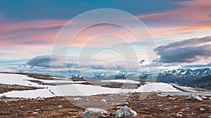 Aurlandsfjellet, Norway. Summer Norwegian Scenic Landscape Near Aurlandsfjellet Road. Scenic Route Road In Summer Sunny