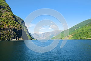 Aurlandsfjord and Naeroyfjord - UNESCO protected fjord - cruise from Flam to Gudvangen on Norway in a Nutshell Tour.