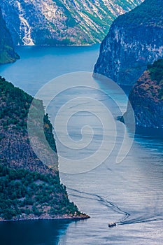 Aurlandsfjord view from the top of Stegastein viewpoint in Norway fjords