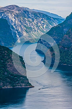 Aurlandsfjord view from the top of Stegastein viewpoint in Norway fjords