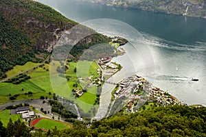 Aurlandsvangen town and Sognefjord viewed from the Stegastein lookout