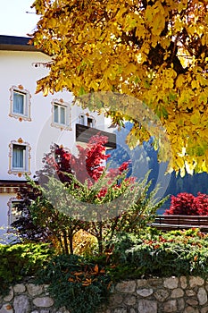 AURONZO DI CADORE, 17 OCTOBER, 2021: Architecture of Auronzo di Cadore, beautiful tourist mountain town in the Dolomites