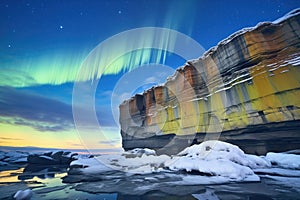 aurora australis over an icy cliff edge, under a starry sky