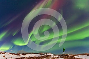 Aurora borealis above the silhouette maa in Iceland. Green northern lights. Starry sky with polar lights.