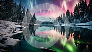 An aurora borealis, also known as the northern lights, with colorful ribbons of light dancing acr