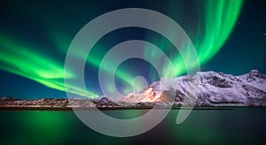 Aurora borealis above beach in Lofoten islands, Norway