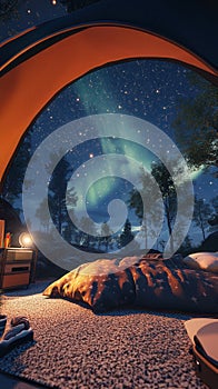 Cozy Tent View of Northern Lights and Stars