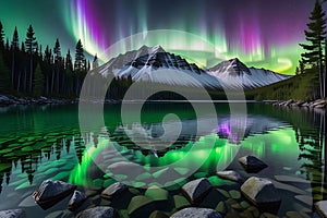 Aurora Borealis Cast Over a Crystal Clear Mountain Lake: Intense Greens and Purples Mirrored in the Tranquil Waters