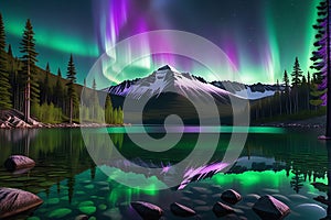 Aurora Borealis Cast Over a Crystal Clear Mountain Lake: Intense Greens and Purples Mirrored in the Tranquil Waters