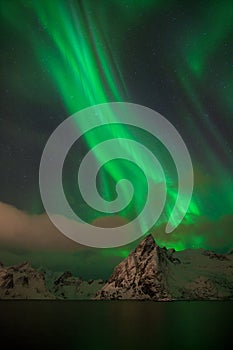 Aurora borealis dancing on mountain in fishing village at Reine and Sakrisoy, Lofoten, Norway Visiting the Lofoten Islands. photo