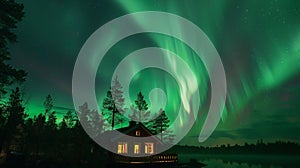 Aurora borealis flying over the chalet in North Sweden photo