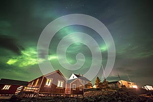 Aurora borealis in Hamnoy village, Lofoten islands, Norway photo