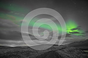 Aurora Borealis in Iceland northern lights bright beams rising green over black and white scenery