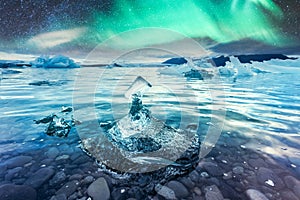 Aurora borealis in Jokulsarlon glacial lagoon