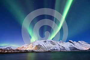 Aurora borealis on the Lofoten islands, Norway. Green northern lights above mountains.