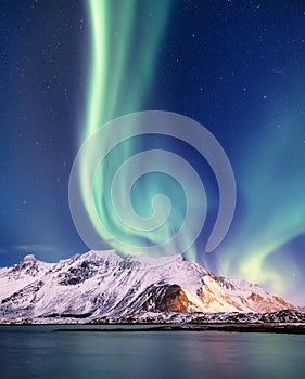 Aurora borealis on the Lofoten islands, Norway. Green northern lights above mountains.