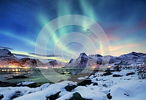 Aurora borealis on the Lofoten islands, Norway. Green northern lights above mountains. Night sky with polar lights. Night winter l photo