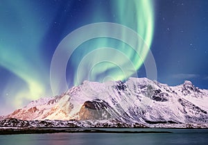 Allievo sul isole Norvegia. verde settentrionale le luci più alto montagne. notte il cielo polare le luci. notte 