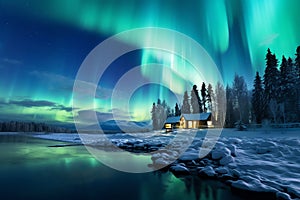 Aurora borealis in nordic landscape, AI generated