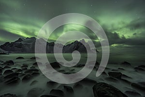 Aurora Borealis Northern Lights above Stokksnes Beach and Vestrahorn Mountains, Iceland