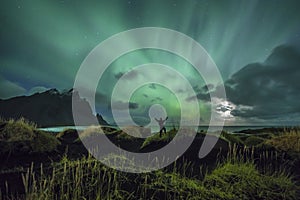 Aurora Borealis Northern Lights above Stokksnes Beach and Vestrahorn Mountains, Iceland