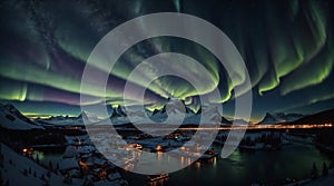 Aurora borealis, northern lights with fishermen town in view