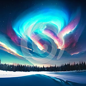 Aurora borealis, northern lights, night sky, winter landscape generative AI