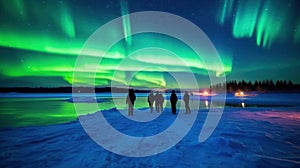 Aurora borealis, northern lights over frozen lake in winter. Generative AI