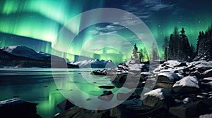 Aurora borealis, northern lights over lake in winter. Christmas winter background