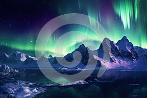 Aurora borealis, northern lights over lake in winter night, AI Generated