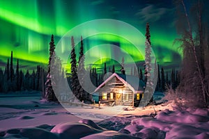 Aurora borealis northern lights over log cabin in snow at night sky.AI generated