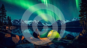 Aurora borealis, northern lights over mountain lake and tourist tent