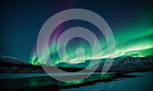 Aurora borealis, northern lights over mountains in winter, Iceland