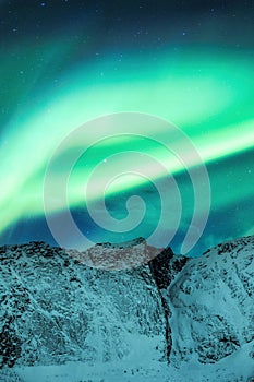 Aurora borealis, Northern lights over snow covered mountain in the sky at Lofoten islands