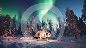 Aurora borealis, northern lights in winter forest with cabin house. Generative AI