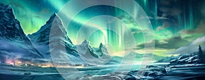 Aurora borealis on the Norway. Green northern lights above mountains. Night sky with polar lights. Night winter landscape