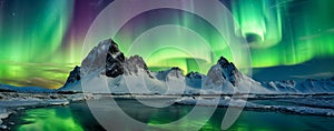 Aurora borealis on the Norway. Green northern lights above mountains. Night sky with polar lights. Night winter landscape