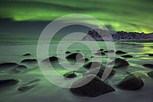 Aurora borealis over a beach on the Lofoten in Norway