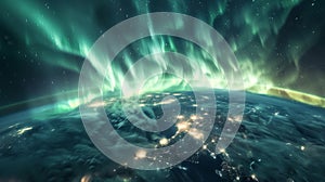 Aurora Borealis Over Earth's Night Lights from Space