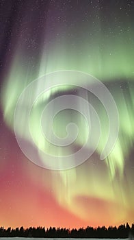 An aurora borealis over a frozen lake with trees in the background, AI