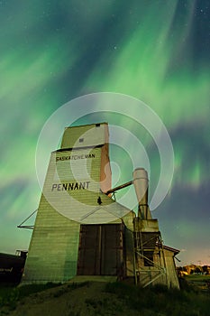Aurora Borealis over a grain elevator in Saskatchewan, Canada